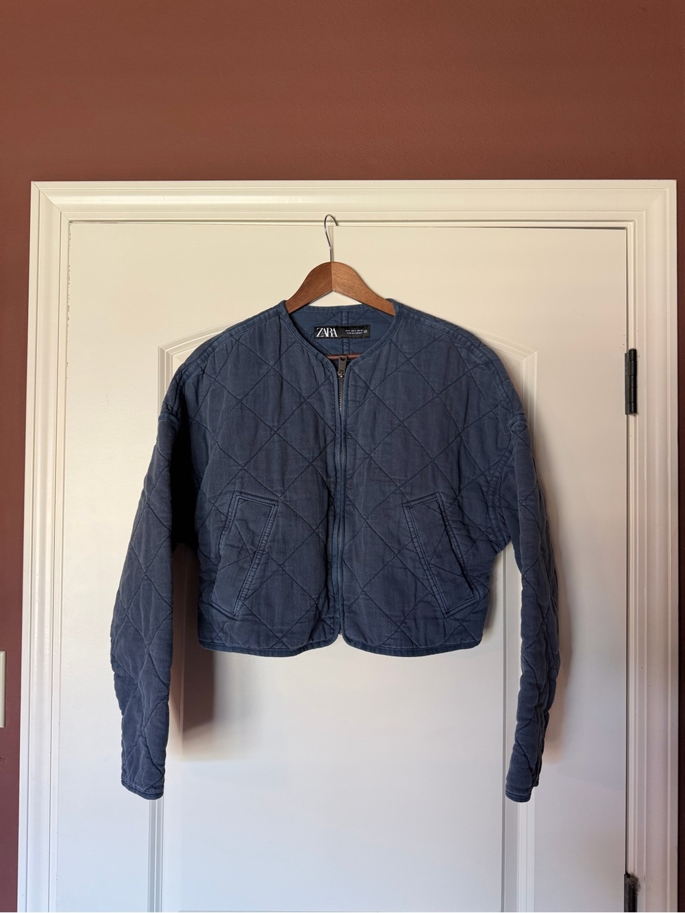 Zara Quilted Bomber Jacket in Navy Blue